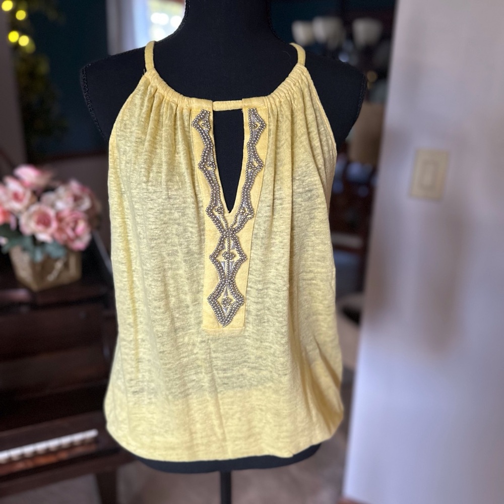 INC yellow top, embellished, elastic hem.